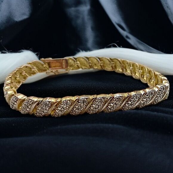 Gold Over Sterling Silver Diamond Bracelet Taiwan FAS Vintage 90s Twist Design - Picture 1 of 16